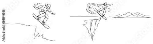 Snowboarding jump from mountain cliff one line drawing, winter extreme sports minimalist continuous line art, snowboarder action in mountains illustration