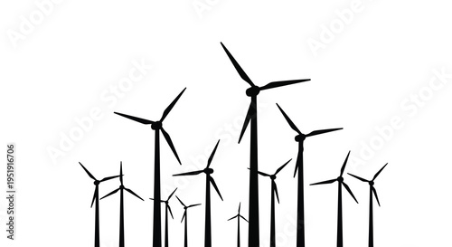 A stark silhouette of multiple wind turbines against a bright white background suggesting renewable energy and sustainability high quality