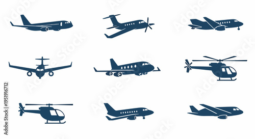 Collection of Navy Blue Aviation Silhouettes for Transportation or Travel Projects Showcasing Aircraft Like Jets Helicopters and Planes for Use in Designs Posters or Presentations Travel Related