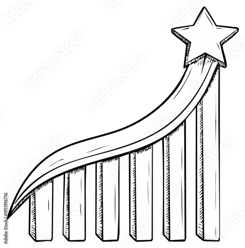 Hand drawn growth graph with rising arrow pointing to star representing business success