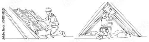 Construction workers building house roof structure one line drawing, industrial labor and architecture minimalist continuous line art, home renovation