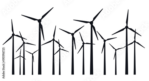 A minimalist depiction of several black wind turbines against a stark white background representing renewable energy high quality professional