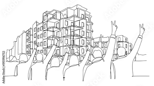 People protesting in front of ruined building one line drawing, war recovery and social activism minimalist continuous line art, peace and freedom concept