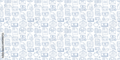 Minimalist financial seamless pattern with banking, real estate, money, payment icons. Blue line vector background on white with banking operation, ATMs, currency exchange, credit card for business