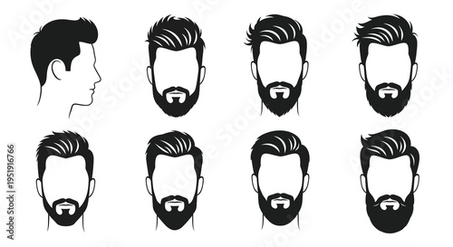 A collection of eight black and white vector illustrations depicting various modern male hairstyles and beard styles high quality