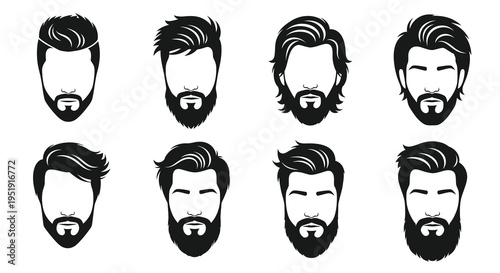 A collection of eight black and white illustrations depicting various modern beard and hairstyle combinations for men high quality