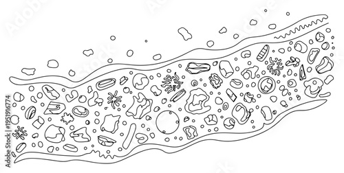 Plastic trash and microplastics in water stream one line drawing, environmental pollution minimalist continuous line art, ocean waste and ecology concept