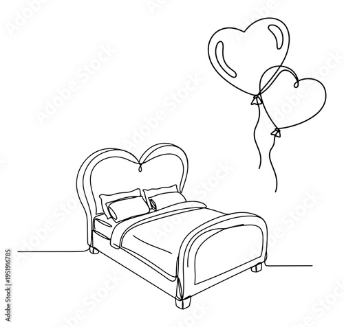 Romantic bed with heart headboard and balloons one line drawing, honeymoon suite minimalist continuous line art, wedding night and love celebration