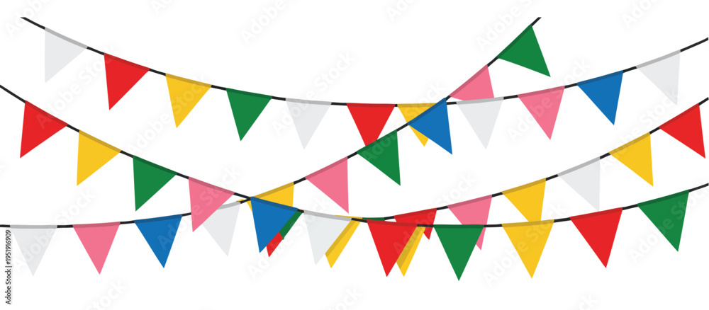 Obraz premium Carnival Flag Garlands Colorful Pennant Banner Festive Decoration Party Birthday Fair Hanging Flags Celebration Event Background Vector Illustration