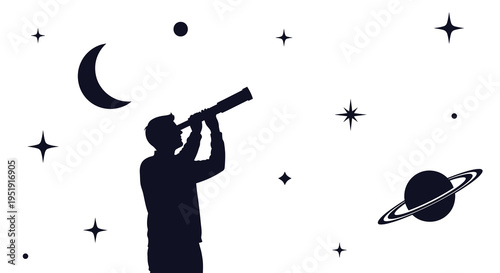 A silhouetted figure gazes through a telescope at celestial bodies including a crescent moon and ringed planet high quality
