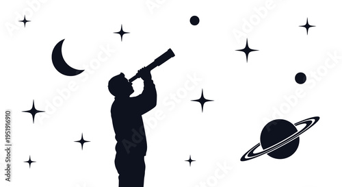 A silhouetted figure gazes through a telescope at celestial bodies including planets stars and a crescent moon high quality