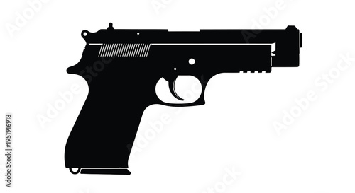A stark black silhouette depicts a semiautomatic pistol representing weaponry and potential danger in a minimalist style high quality