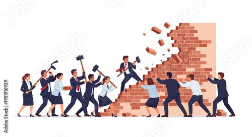 Business People Demolishing Brick Wall.