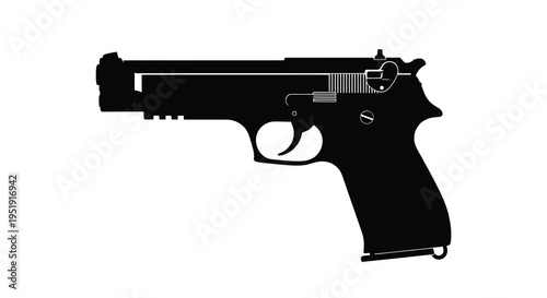 A stark silhouette of a black handgun is presented against a white background symbolizing power and potential danger