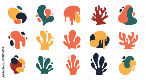 A collection of organic shapes showcases dynamic forms and vibrant hues in this assortment offering creative potential for diverse projects and designs featuring vivid color palettes and natural