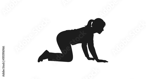 A stark silhouette depicts a woman in a crawling position hands and knees on a white background high quality