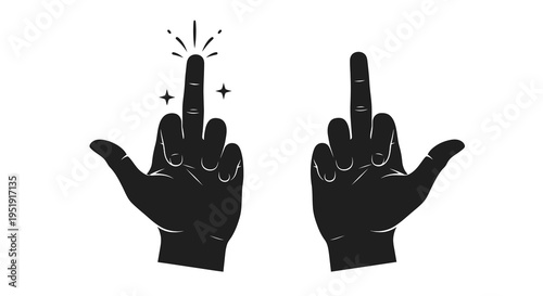 A stark black and white illustration depicts two hands displaying the middle finger gesture adorned with sparkling stars