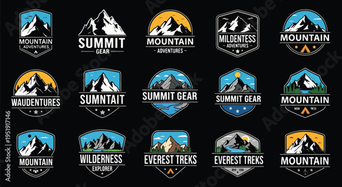 Assorted collection of mountain adventure emblems depicting snowy peaks and wilderness landscapes perfect for branding outdoor expeditions and nature themed ventures or adventure travel symbols
