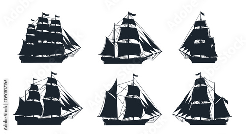 A collection of six monochromatic sailing ship silhouettes presented in varying perspectives and arrangements high quality professional detailed modern