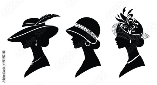 Elegant silhouettes of three women wearing vintage hats and jewelry depicted in a black and white style high quality professional detailed