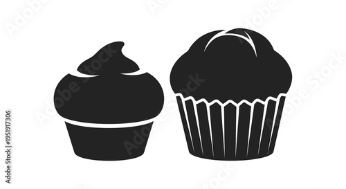 A simple black and white illustration depicts two different cupcakes side by side showcasing their frosted tops high quality professional detailed