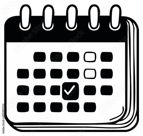 Black and white calendar icon with a checkmark on a date representing scheduling and appointments