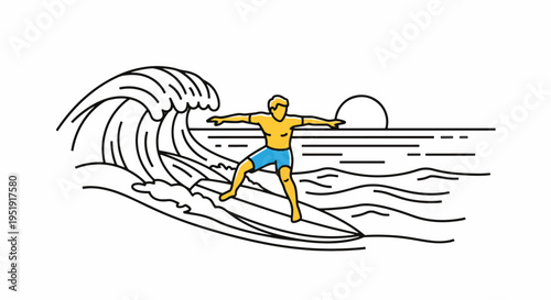 Surfer riding a wave at sunset showcasing balance and skill in the ocean enjoying the summer sport Line art of a man on a surfboard performing stunts on the water with an orange sun