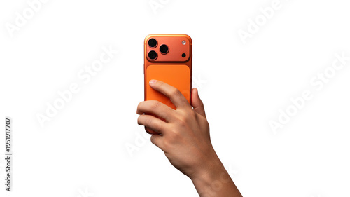 Canvastavla The hand holding a modern orange smartphone with a triple camera, rear view