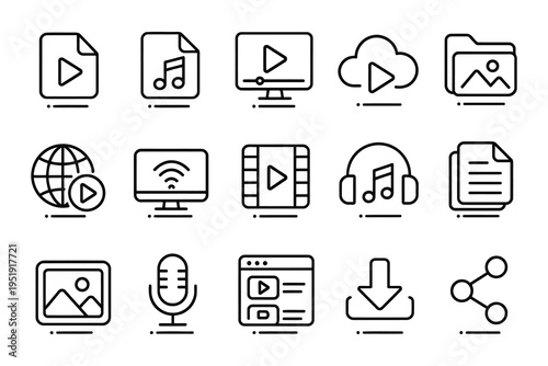 Collection of icons representing various media and file types for digital content