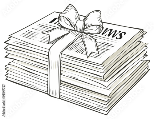 Stacked newspapers tied with a ribbon in a gift box illustration.