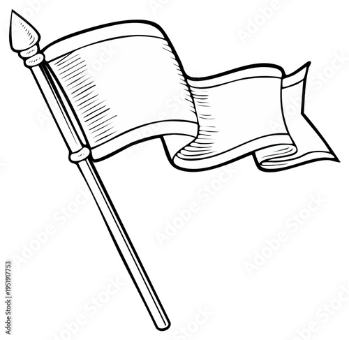 Hand drawn sketch of a blank flag waving on a pole with textured shading