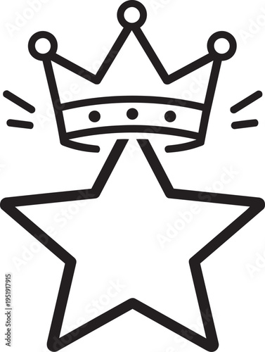 A black and white drawing of a star with a crown on top