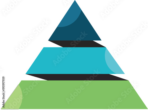 three-tiered pyramid illustration with dark blue cyan and green layers symbolizing hierarchy structure levels and strategic organization for business or education concepts isolated background.
