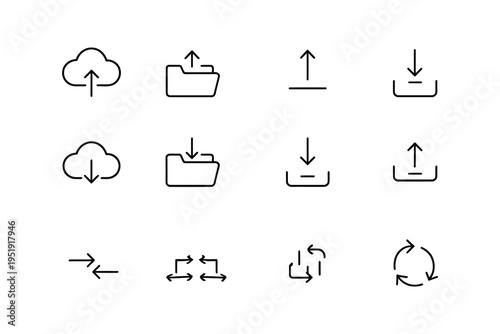 Common icons representing data transfer and directional flows in user interfaces