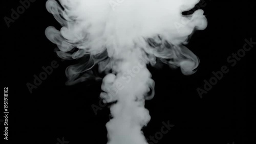 Soft white smoke plume appearing at the bottom center of a dark black background dense vapor cloud gently floating upward expanding and forming elegant swirling smoke curls organic motion with subtle 