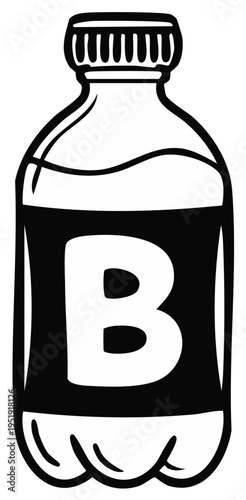 Letter B labeled refreshment bottle container in black and white drink or liquid inside