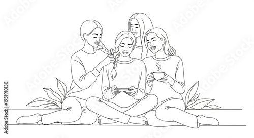 Group of friends enjoying a relaxing moment together, line art.