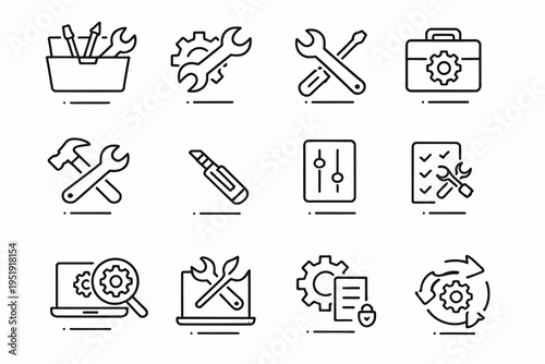 Collection of maintenance and repair tools icons in a minimalist style