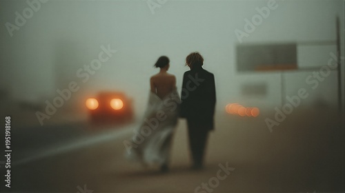 Man and woman walking on highway during night fog. Romantic couple in back view going along road with blurred car lights. Mystery, loneliness and cinematic mood concept photography.