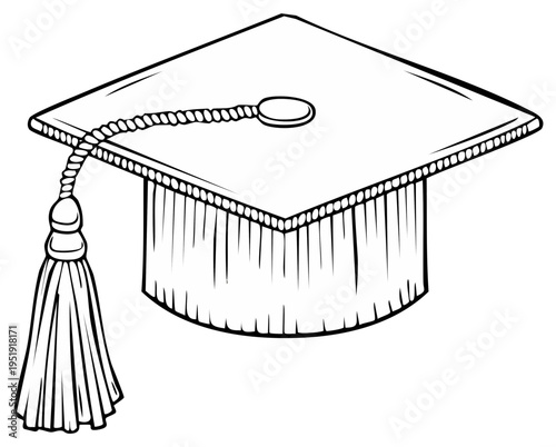 Academic mortarboard graduation cap with tassel line art vector illustration