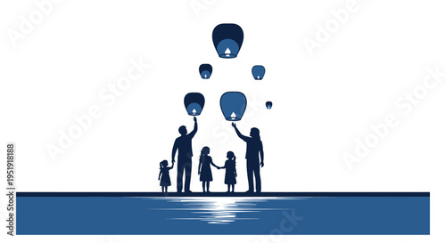 Silhouette of people releasing sky lanterns over reflective water at dusk