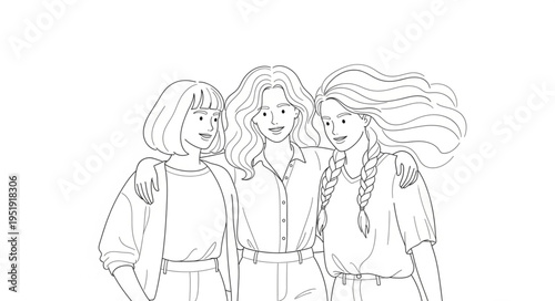 Three Young Women Posing Together in a Line Art Style.