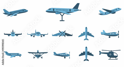 Diverse Aircraft Collection Featuring Passenger Jets Propeller Planes and Helicopters Represented in a Set of Aviation Designs for Travel Transportation and Global Connectivity Themes and