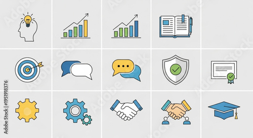 Business and Education Icons Set - Idea, Growth, Target, Communication, Security, Diploma, Gear, Handshake, Graduation Cap.