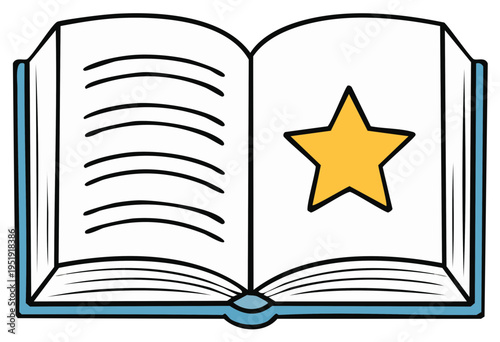 Illustrated open book featuring written lines and a bright yellow star icon