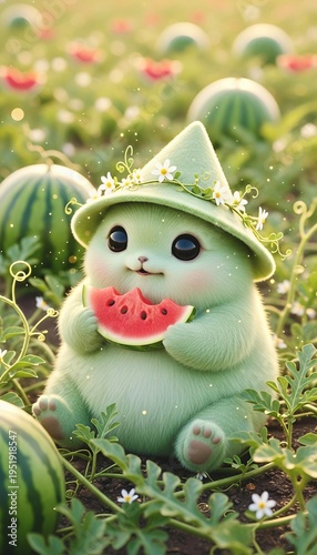 cute melon baby holding watermelon in his hand smiling while eating in summer set atmosphere 