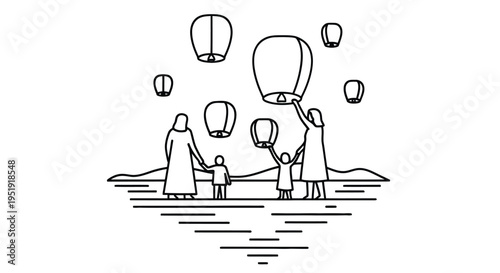 Family releasing sky lanterns into the night depicted in a minimalist line art style