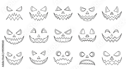 Collection of spooky hand drawn Halloween pumpkin face expressions offers a diverse range of scary and festive characters providing a wealth of options to enhance holiday decorations and