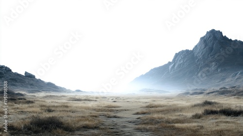 Foggy mountain valley landscape with dry grass field. Misty highland wilderness and rocky peaks. Scenic nature background for outdoor travel, adventure and tranquil rural exploration.