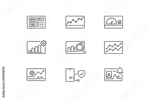 Nine icons depicting various data analysis and security concepts on digital devices